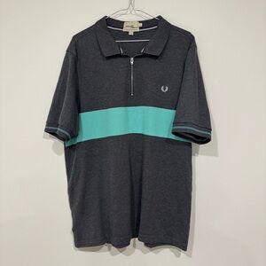 Fred Perry Bradley Wiggins Short Sleeve Zip Collar Polo Shirt Size XL Grey Blue